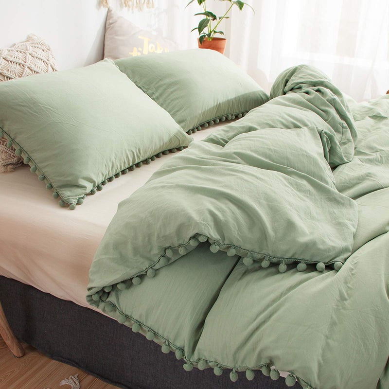 MOVE OVER Sage Green Pom Poms Pillowcases, Green Standard Pillow Cases Set of 2, 100% Washed Microfiber, Dark Sea Green Ball Fringe Pillow Cover, 2 Pack (Queen, Sage Green) - Image 2